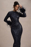 Analina Navy Sequin Long-Sleeved Midi Dress With Feather Cuffs