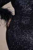 Analina Navy Sequin Long-Sleeved Midi Dress With Feather Cuffs