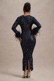 Analina Navy Sequin Long-Sleeved Midi Dress With Feather Cuffs