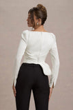 Bensley Ecru Satin Asymmetric Plunge-Neck Top With Ruffle