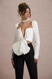 Bensley Ecru Satin Asymmetric Plunge-Neck Top With Ruffle