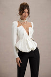 Bensley Ecru Satin Asymmetric Plunge-Neck Top With Ruffle