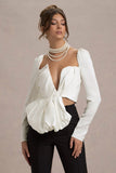 Bensley Ecru Satin Asymmetric Plunge-Neck Top With Ruffle