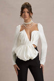 Bensley Ecru Satin Asymmetric Plunge-Neck Top With Ruffle