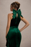 Janiya Green Velvet High-Neck Ruffled Split Maxi Dress