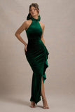 Janiya Green Velvet High-Neck Ruffled Split Maxi Dress