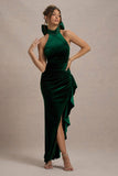 Janiya Green Velvet High-Neck Ruffled Split Maxi Dress