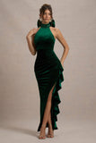 Janiya Green Velvet High-Neck Ruffled Split Maxi Dress