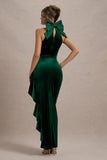 Janiya Green Velvet High-Neck Ruffled Split Maxi Dress