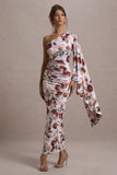 Clementina Cream Floral Print Asymmetric Cape Sleeve Maxi Dress
