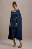 Nalda Navy Square-Neck Midi Dress With Cape Sleeves
