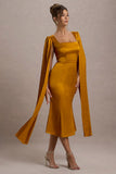 Nalda Mustard Square-Neck Midi Dress With Cape Sleeves