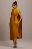 Nalda Mustard Square-Neck Midi Dress With Cape Sleeves