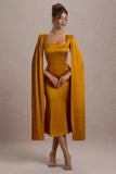 Nalda Mustard Square-Neck Midi Dress With Cape Sleeves