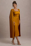Nalda Mustard Square-Neck Midi Dress With Cape Sleeves