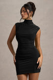 Lalani Black Ruched High-Neck Mini Dress