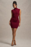 Lalani Wine Ruched High-Neck Mini Dress