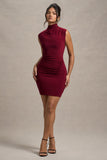 Lalani Wine Ruched High-Neck Mini Dress