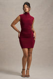 Lalani Wine Ruched High-Neck Mini Dress