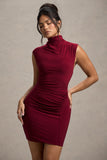 Lalani Wine Ruched High-Neck Mini Dress