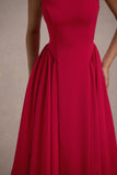 Muriel Red Boat-Neck Volume-Hem Midi Dress