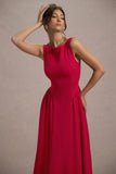 Muriel Red Boat-Neck Volume-Hem Midi Dress