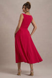 Muriel Red Boat-Neck Volume-Hem Midi Dress