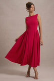 Muriel Red Boat-Neck Volume-Hem Midi Dress
