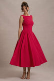Muriel Red Boat-Neck Volume-Hem Midi Dress