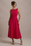 Muriel Red Boat-Neck Volume-Hem Midi Dress