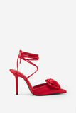 Clearly Red Satin Lace-Up Stiletto Heels With Flowers