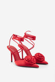 Clearly Red Satin Lace-Up Stiletto Heels With Flowers
