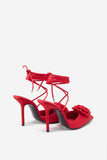 Clearly Red Satin Lace-Up Stiletto Heels With Flowers