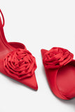 Clearly Red Satin Lace-Up Stiletto Heels With Flowers