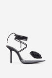 Sharpened Black Lace-Up Clear Stiletto Heels With Diamante Flowers