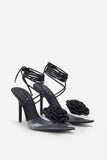 Sharpened Black Lace-Up Clear Stiletto Heels With Diamante Flowers