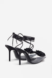 Sharpened Black Lace-Up Clear Stiletto Heels With Diamante Flowers