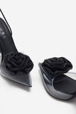 Sharpened Black Lace-Up Clear Stiletto Heels With Diamante Flowers