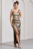 Mercy Gold Metallic One-Shoulder Corseted Wrap Maxi Dress