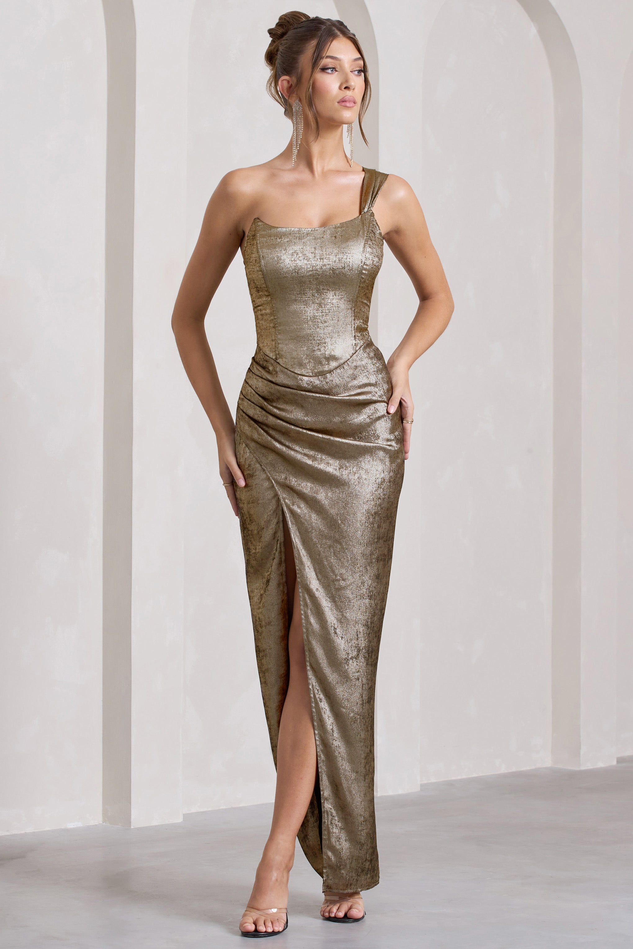 Mercy Gold Metallic One-Shoulder Corseted Wrap Maxi Dress