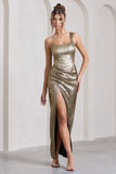 Mercy Gold Metallic One-Shoulder Corseted Wrap Maxi Dress