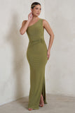 Kary Olive Green One Shoulder Thigh Split Maxi Dress