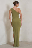 Kary Olive Green One Shoulder Thigh Split Maxi Dress