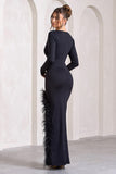 Finale Black Feather Plunge Neck Thigh Split Maxi Dress
