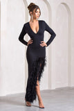 Finale Black Feather Plunge Neck Thigh Split Maxi Dress