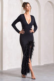 Finale Black Feather Plunge Neck Thigh Split Maxi Dress