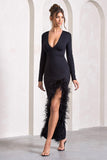 Finale Black Feather Plunge Neck Thigh Split Maxi Dress