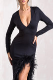 Finale Black Feather Plunge Neck Thigh Split Maxi Dress