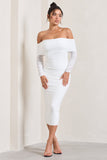Only You Ivory Ruched Mesh Bardot Midi Dress