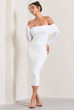 Only You Ivory Ruched Mesh Bardot Midi Dress